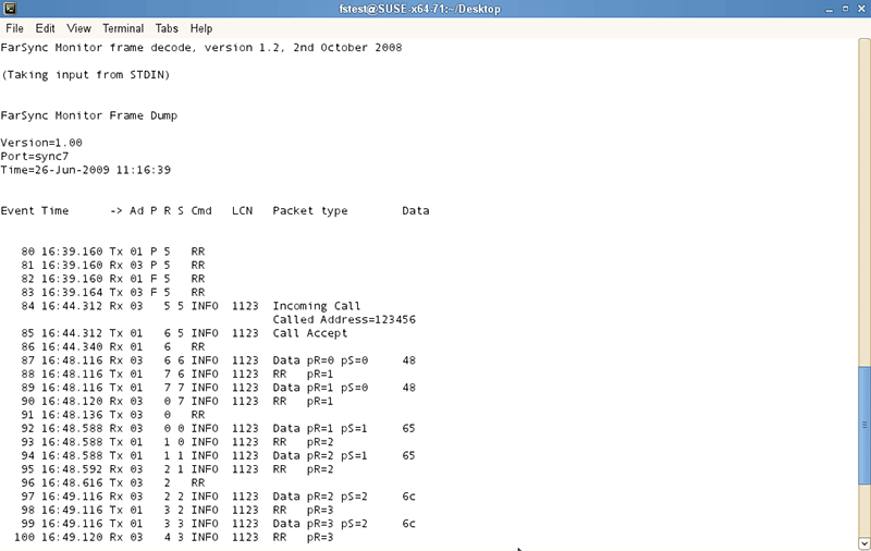 FarSync X.25 Line Monitor decoding level 2 and 3 frames