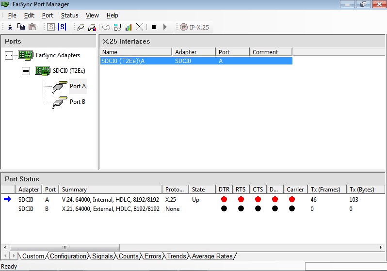 FarSync X25 adapter configuration screen in Windows