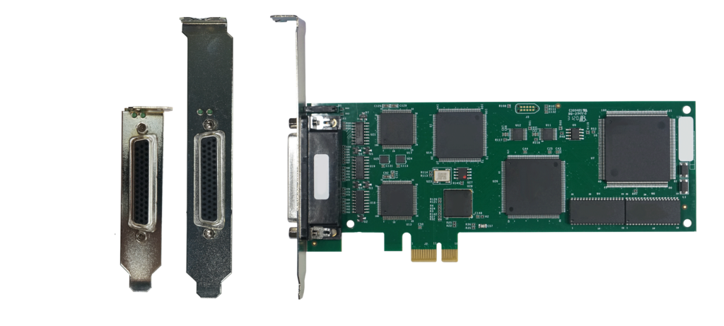 FarSync T2Ee low profile PCIe sync card, plan view and connectorsFarSync T2Ee layout showing connectors