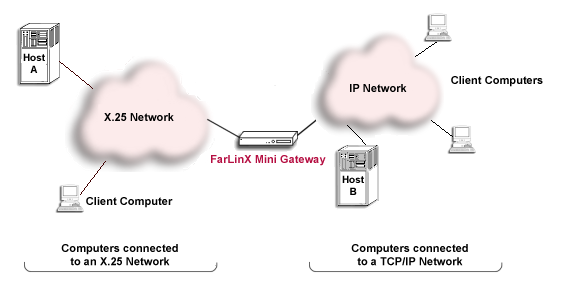 Diagram of the FarLinX Mini Gateway interconnecting a TCP and an X.25 network