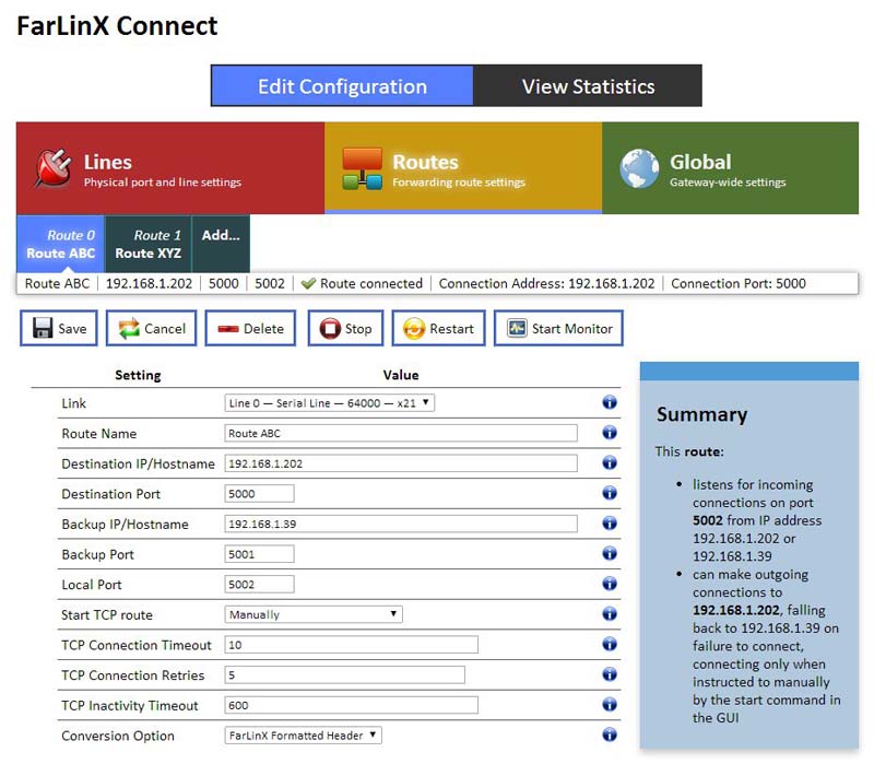 Connect Mini route configuration