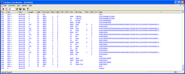 Line monitor screen showing X.25 traffic